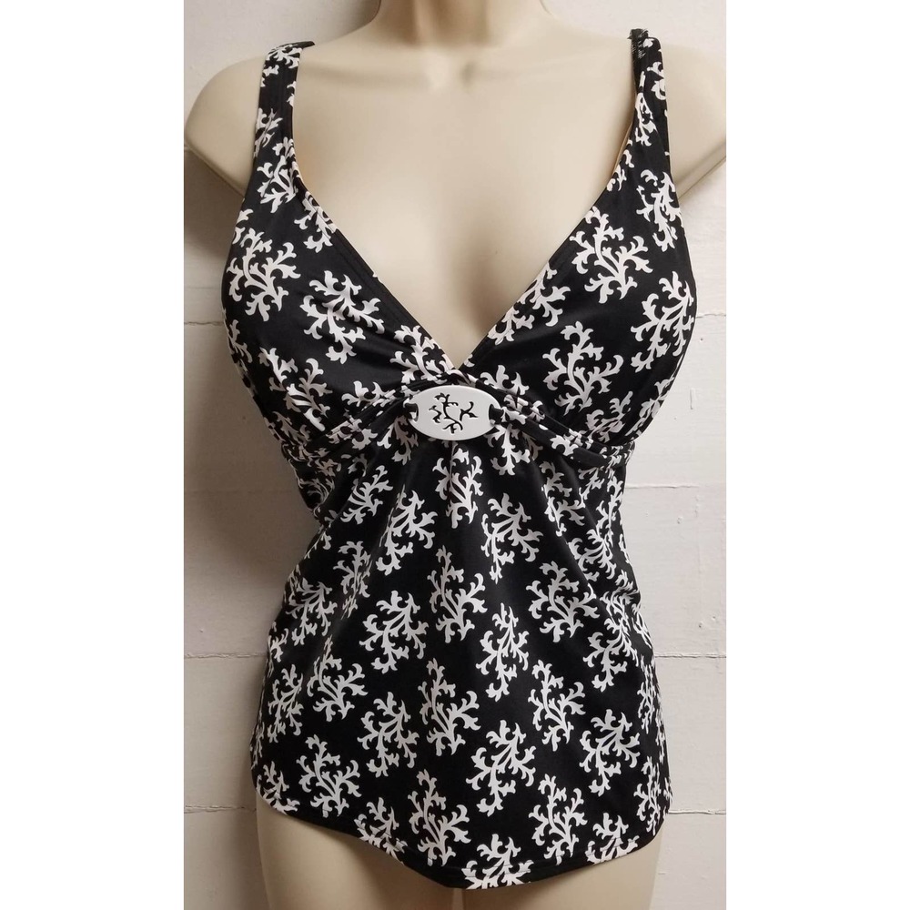 Land's End Tankini Top Black White Long Padded Cup Swimsuit V Neck 18
